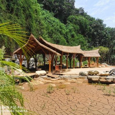 Bamboo pavilion and corridor overlooking a scenic area in Xishuangbanna