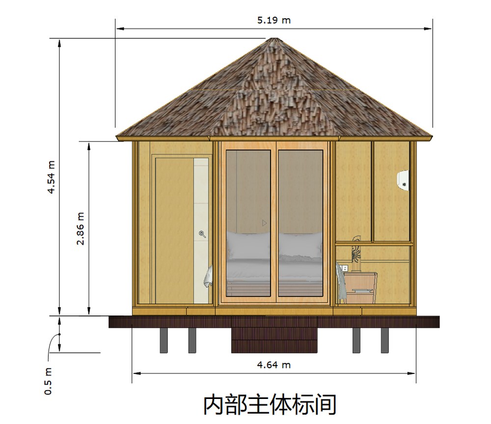 单层鸟巢民宿竹屋 内部主体标间立面尺寸图|悦腾竹文化