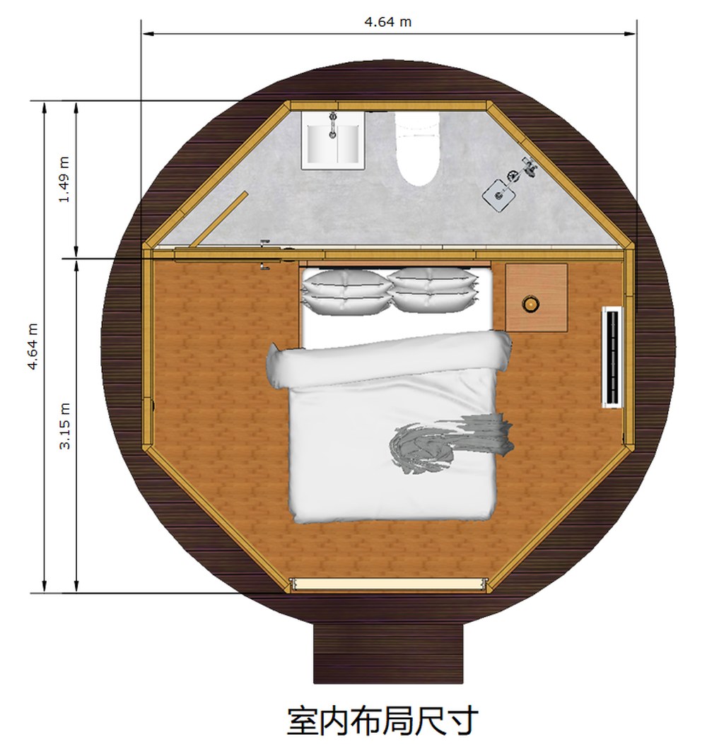 单层鸟巢民宿竹屋 室内布局尺寸平面图|悦腾竹文化