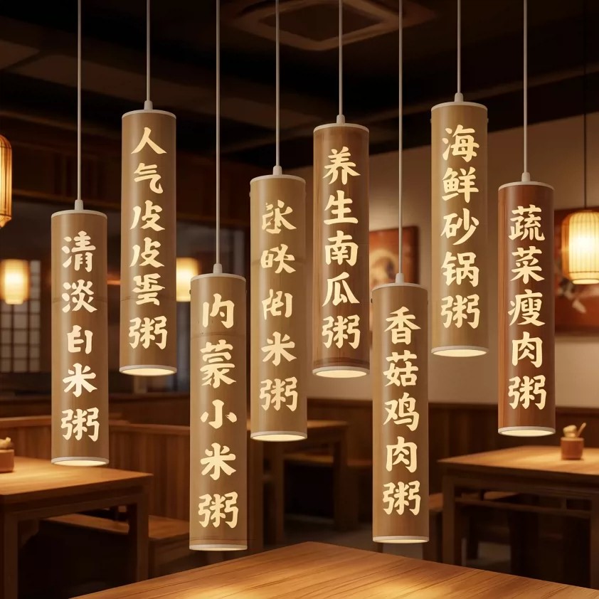 餐饮竹艺吊灯|连锁餐饮 · 刻字仿竹 · 批量灯具