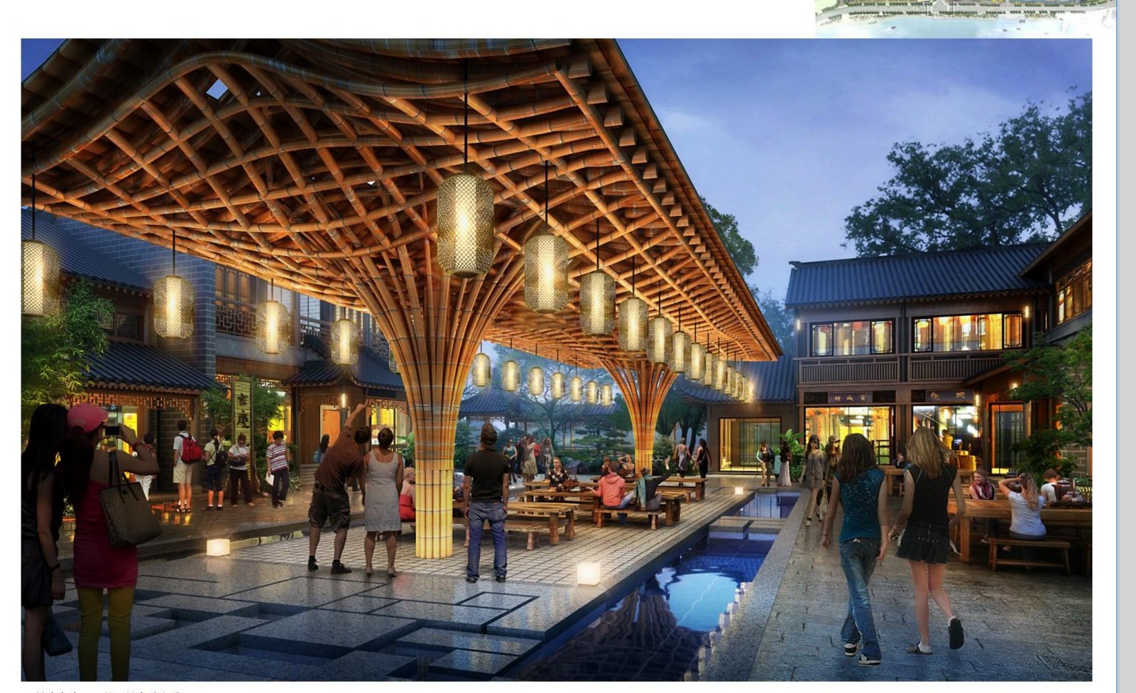 竹影长廊设计效果图：夜景灯光下的竹构屋架与仿古建筑群