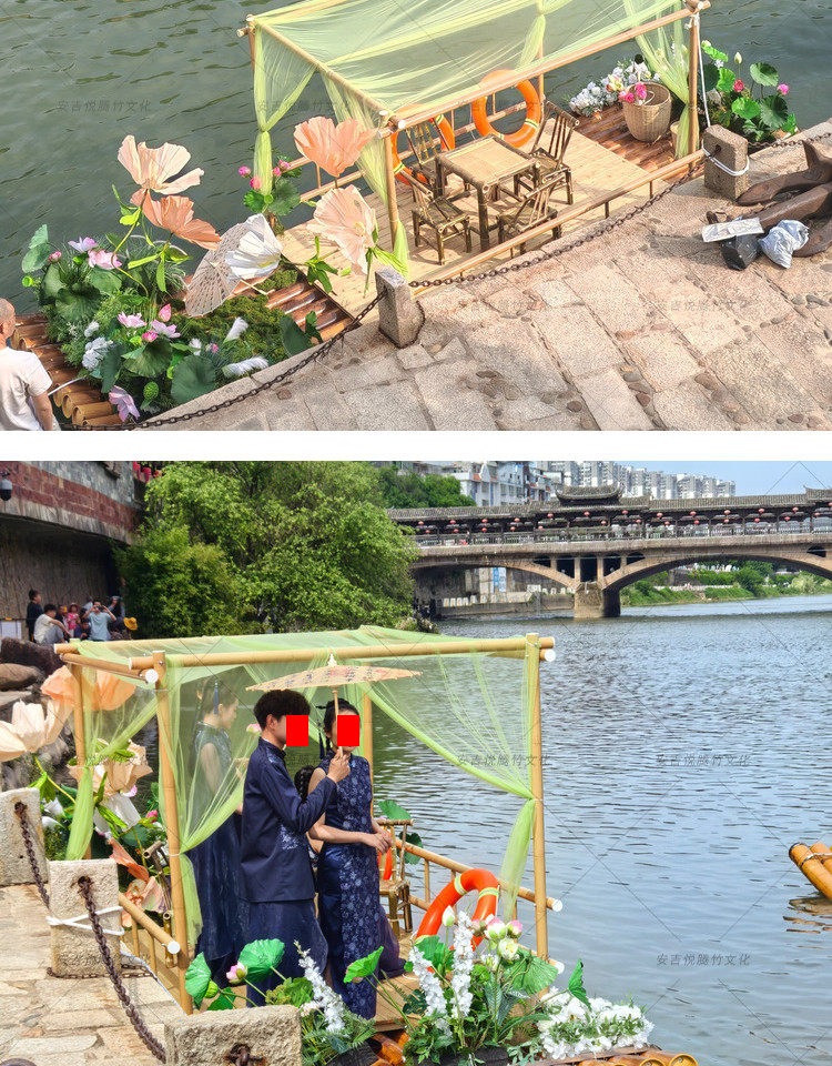 网红纱幔竹筏产品详情图6|筏上竹亭结构、材质与定制说明