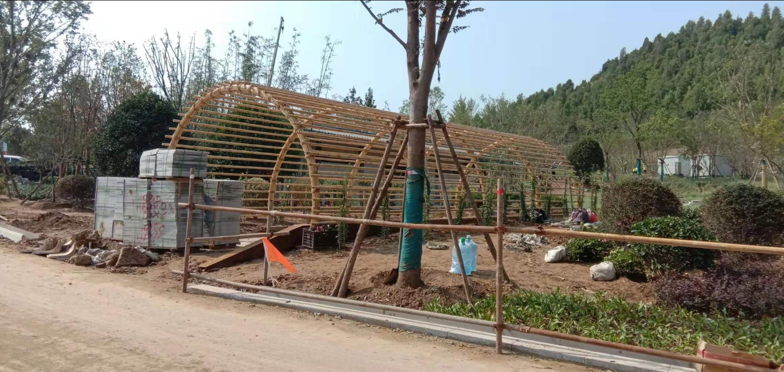 完工实景:竹廊架拱架局部,毛竹与连接件节点