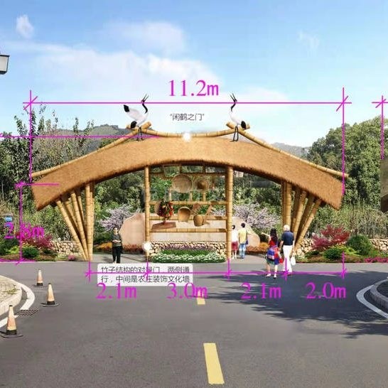 Bamboo entrance gate with curved roof for a scenic village